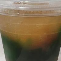 Sago-Gulaman · Clear pearl boba ang jello on a sweet cold mix. Served on a 16oz clear cup.