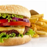 Cheeseburger with Fries · Quarter pound of beef patty with cheese, fresh grown lettuce, red tomatoes, onions, pickles,...