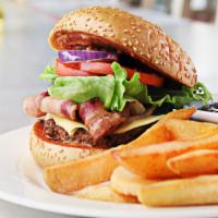 Bacon Cheeseburger with Fries · Quarter pound of beef patty with cheese, two pieces of bacon strips, lettuce, tomatoes, onio...