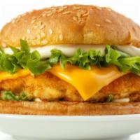 Fried Fish Burger · Fresh fried fish burger with lettuce, tomatoes, onions, pickles, mayonnaise, ketchup and mus...