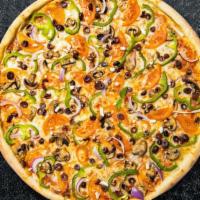 Veggie Pizza · Bell peppers, onions, mushrooms, black olives and tomatoes baked on a hand-tossed dough. Veg...