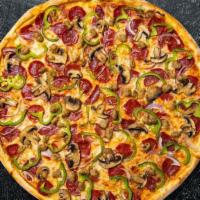 Combo Pizza · Fresh tomato sauce, pepperoni, sausage, mushroom, onion and shredded mozzarella baked on a h...