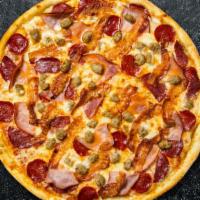 Meat Lover’s Pizza · Pepperoni, Salami, Canadian Bacon, Sausage and beef baked on a hand-tossed dough.
