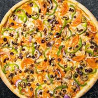 Vegetarian Seafood Pizza · Bell peppers, onions, mushrooms, black olives and tomatoes baked on a hand-tossed dough. Veg...