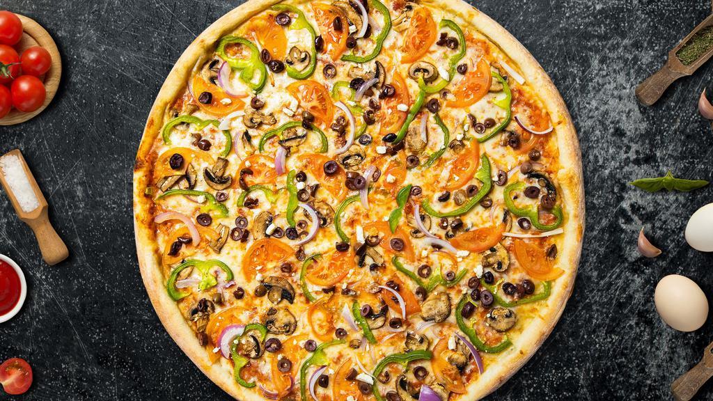 Vegetarian Seafood Pizza · Bell peppers, onions, mushrooms, black olives and tomatoes baked on a hand-tossed dough. Vegetarian.