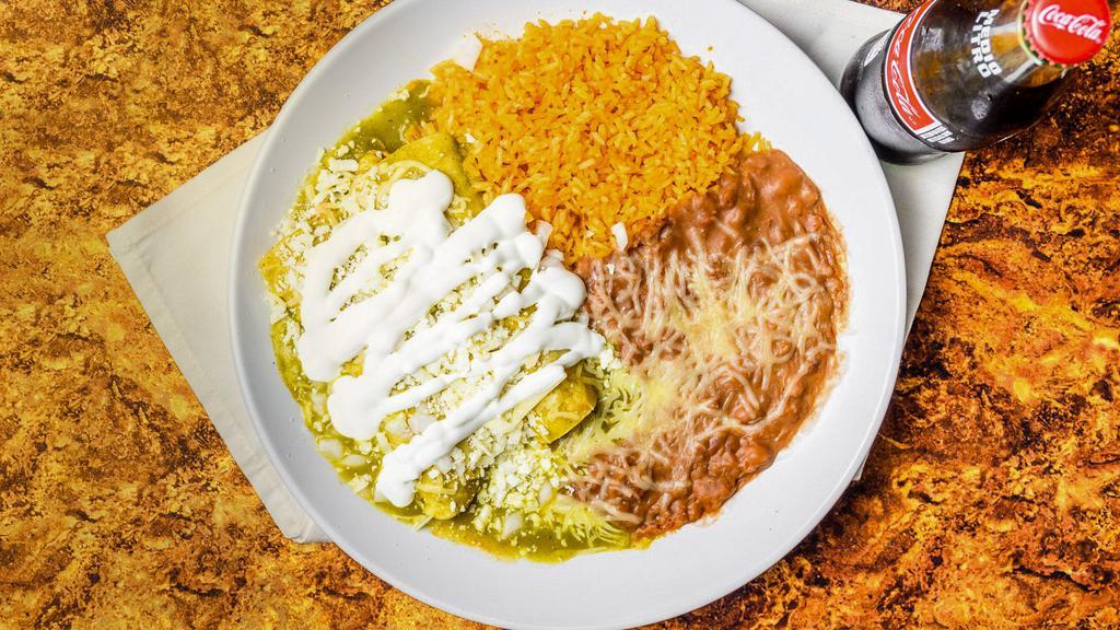 Enchilada Verde · Shredded chicken rolled in a corn tortilla topped with our homemade green enchilada sauce topped with onion, sour cream, and cheese.