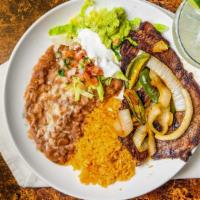 Carne Asada · Grilled thin sliced steak. Served with guacamole and sour cream. Served with rice, refried b...