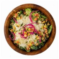 Hawaiian Heart of Palm Salad · Baby kale, pineapple salsa and citrus shrimp, romaine lettuce, carrots and pickled red onions.