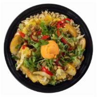 Chilled Cauliflower & Curry Bowl · Vegan. Red pepper hummus and curry vinaigrette brown rice, fire roasted peppers, spring onio...