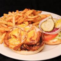 Peppercorn Burger · Pepper-crusted, jack, cheddar, onion rings, spread lettuce , tomato, pickles, onions, side d...