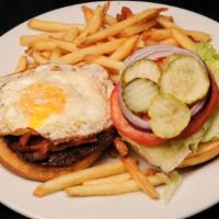 Gotta Be Kidding Burger · Bacon, cheddar, fried egg, spread , lettuce tomato pickles, onions, side dish.