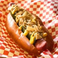Livermore Dog · sliced jalapeños, onion, relish, mustard, crushed flaca's chips.