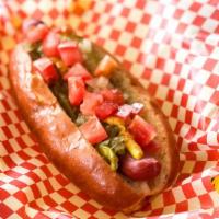 Chicago Dog · sport peppers, mustard, onions, relish, dill pickle, chopped tomato, celery salt, poppy seeds