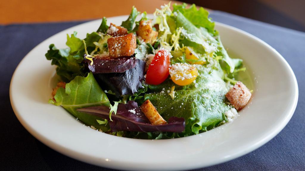 Simple Salad · 230cals. Organic baby greens, heirloom tomatoes, garlic croutons, parmesan cheese, dijon balsamic vinaigrette.