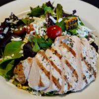 Cilantro Lime Chicken Salad · 490cals. organic baby greens, jack cheese, heirloom tomatoes, grilled corn, pumpkin seeds, c...