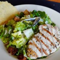 Little Gem Chicken Caesar Salad · 660cals. little gem lettuce, garlic croutons, parmesan cheese crisp, white anchovy