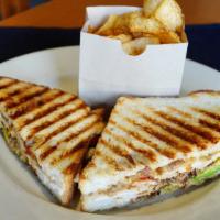 Santa Fe Chicken Panini · 1050/940cals. Blackened chicken, jack cheese, roasted red peppers, caramelized onion, avocad...