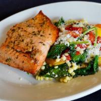 Wild Salmon with roasted vegetables and saffron couscous · Tuscan roasted salmon, peppers, carrots, baby spinach, parmesan cheese, creamy garlic vinaig...