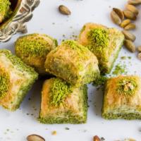 Pistachio Baklava (Two Pieces) · Fresh mediterranean pastry with pistachio and honey on wafers.