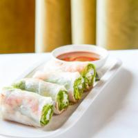 Shrimp & Pork Spring Rolls · Fresh rice paper rolls filled with shrimp, pork, bean sprouts, & mint; served with hoisin di...