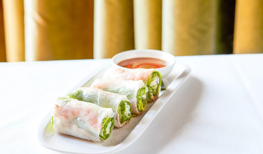 Shrimp & Pork Spring Rolls · Fresh rice paper rolls filled with shrimp, pork, bean sprouts, & mint; served with hoisin dipping sauce.