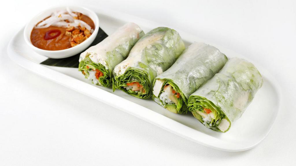 Vegan Avocado Rolls · Vegan. Gluten-free.  Fresh rice paper rolls filled with grilled tofu, carrot, cucumber, rice noodles, avocado, lettuce, & mint Served with gluten-free peanut sauce. Contains nuts.