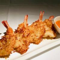 Coconut Prawns · Gluten-free. Prawns coated with coconut flakes; served with mango & chili dipping sauce.