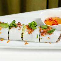 Hoi An Beef Rolls · Gluten-free. Fresh rice sheets filled with lemongrass beef, herbs, lettuce, crispy shallots;...