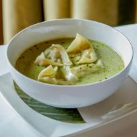 Ha Long Bay Soup · Blue Crab & asparagus wontons served in a consommé infused with coriander & coconut milk.