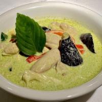Green Chicken Curry · Gluten-free.  Sous vide organic chicken breast, green curry, bamboo shoots, eggplant, peas, ...