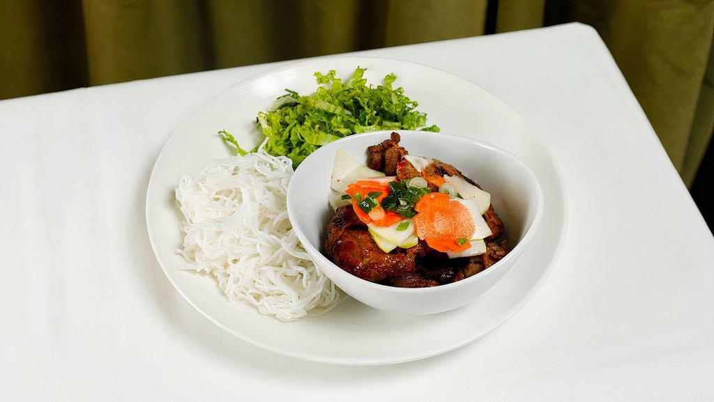 Bun Cha · Gluten-free. Grilled Berkshire pork, pork meatballs, rice noodles, herbs, pickled daikon-carrots; chili-lime fish sauce.