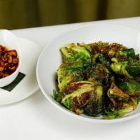 Brussels Sprouts · Gluten-free.  Vegetarian.  Sauteed Brussels Sprouts, with Shiitake mushrooms, basil, & garli...