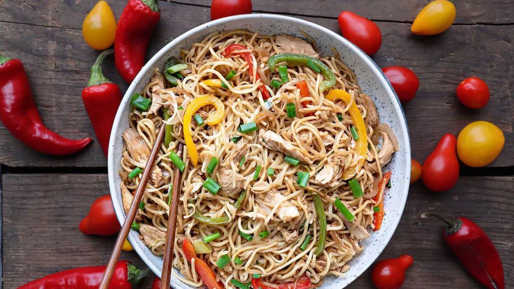Chicken Hakka Noodles · Vegetable hakka noodles tossed chicken, fresh farm eggs vegetables: cabbage, carrot, beans, bell peppers, Indo-Chinese sauces, topped with green onions.