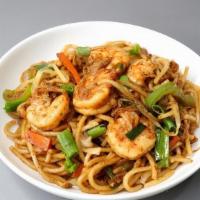 Indo Chinese Shrimp Hakka Noodles · Mumbai style noodles tossed with shrimp, fresh vegetables: cabbage, carrots, beans, bell pep...