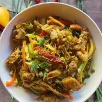 Chicken Singapore Noodles · Spicy Indo-Chinese Hakka noodles, with chicken, eggs, carrots, beans, cabbage, spring onions...