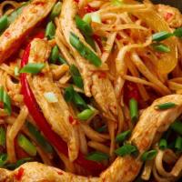 Chicken Schezwan Noodles · Noodles with  Chicken, Vegetables: bell peppers, carrots, cabbage, onions, tossed in a flavo...