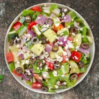Greekin' Out Salad  · (Vegetarian) Romaine lettuce, cucumbers, tomatoes, red onions, olives, and feta cheese tosse...