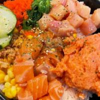 Autumn Bowl · Fresh salmon, Hamachi, Spicy Tuna, seaweed salad, cucumber, fried shallot, jalapeno, edamame...