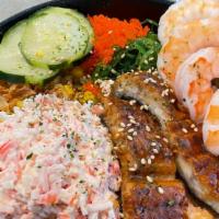 Winter Bowl (cooked) · Shrimp, Snow Crab Salad, Unagi,seaweed salad, cucumber, fried shallot, masago, corn, Unagi s...