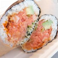 Ocean Safari Sushi Burrito · salmon, hamachi, spicy tuna, avocado, seaweed salad, cucumber, unagi sauce, spicy mayo, roas...