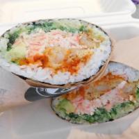 Dancing Shrimp Sushi Burrito · shrimp tempura, snow crab salad, avocado, seaweed salad, cucumber, unagi sauce, spicy mayo, ...