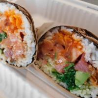 Pink Girl Sushi Burrito · salmon,tuna, avocado, seaweed salad, cucumber, unagi sauce, wasabi mayo, roasted seaweed and...