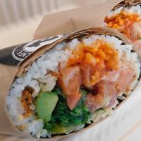 Orange Blossom Sushi Burrito · salmon, hamachi, avocado, seaweed salad, cucumber, unagi sauce, wasabi mayo, roasted seaweed...