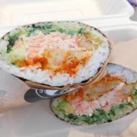 Hamanako Sushi Burrito · unagi, snow crab salad,  avocado, seaweed salad, cucumber, unagi sauce, spicy mayo, roasted ...