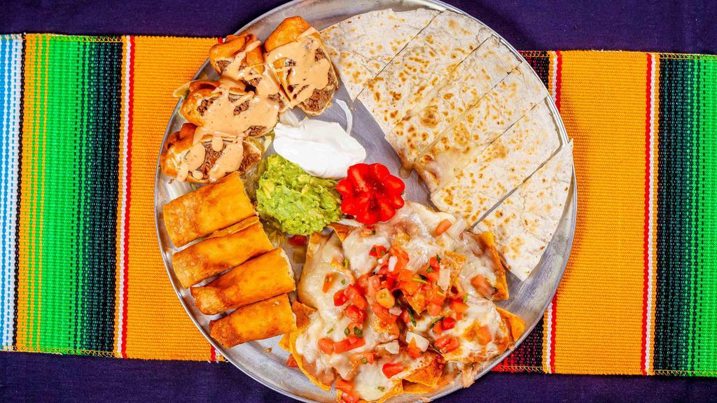 Fiesta Platter · Nachos, Cheese Quesadilla, Taquitos Potato & Cheese, Mini Ground Beef Chimichangas Ground Beef, Guacamole, Pico de Gallo & Sour Cream