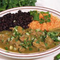 Chile Verde Nayarita with Rice, Beans & Tortillas · Pork loin chunks in a green tomatillo sauce with bell peppers, onions, cilantro, rice, beans...