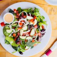 Bay Area Vegetarian Salad · Vegetarian. Mixed greens, tomato, onion, olives, cucumber, parmesan cheese, house dressing.