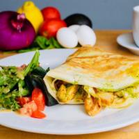 Cheesy Pesto Chicken Crepes · Chicken, pesto, and cheese. Served with salad.