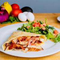 Meaty Breakfast Crepes · Ham, turkey, and bacon. Served with salad.