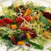 Rainbow Frisée · Frisée, arugula, baby fennel, yams, dried figs, blood orange sections & toasted almonds ligh...